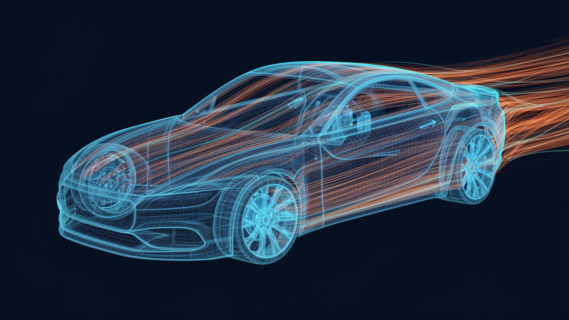 Digital wireframe automotive CAE simulation with stress colormap